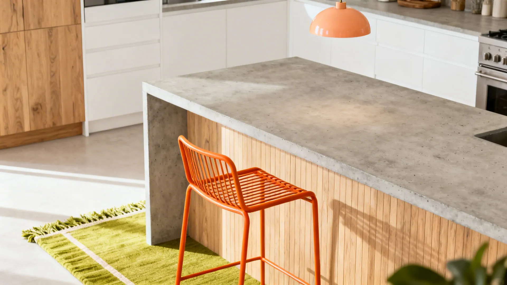 Macro view of orange stool, green runner, and melon pendant over a neutral peninsula.