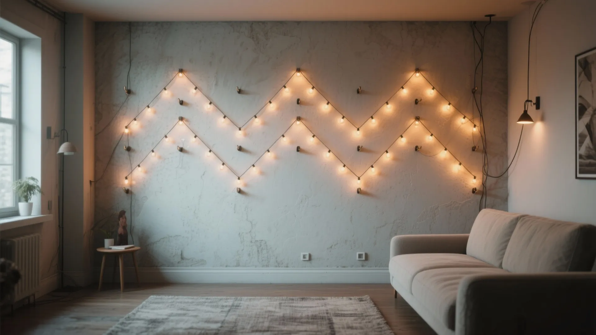 Living room with grey sofa and zigzag string lights on a concrete wall with rug