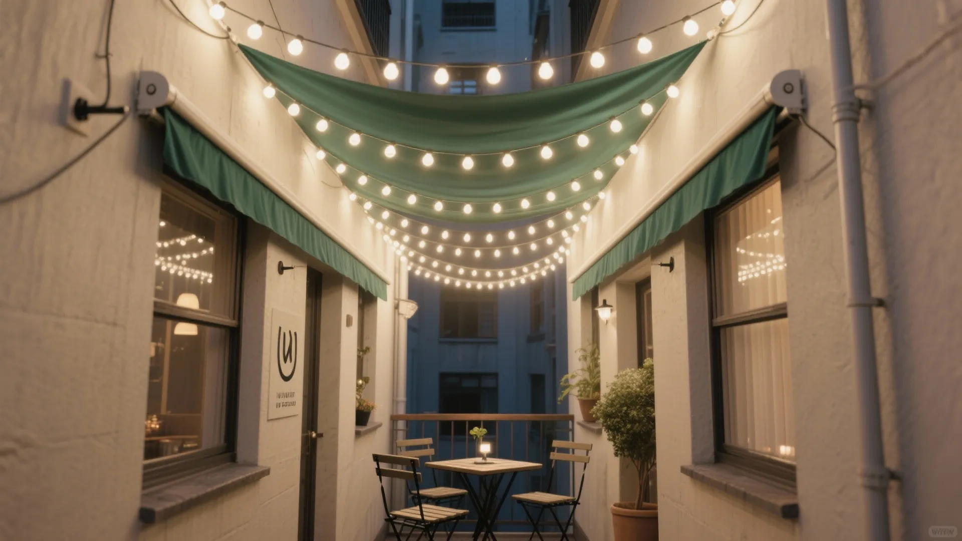 Zig-zag canopy of warm LED string lights over a narrow balcony with bistro seating.