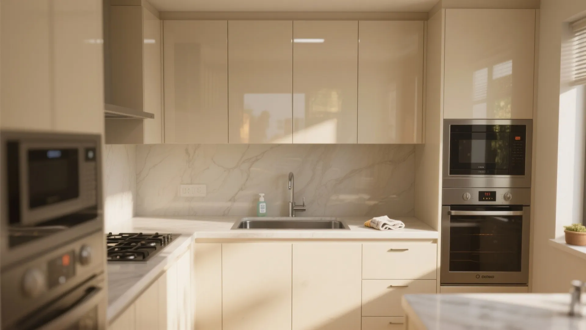 Modern kitchen with semi-gloss cream cabinets demonstrating easy-clean acrylic-alkyd finish.