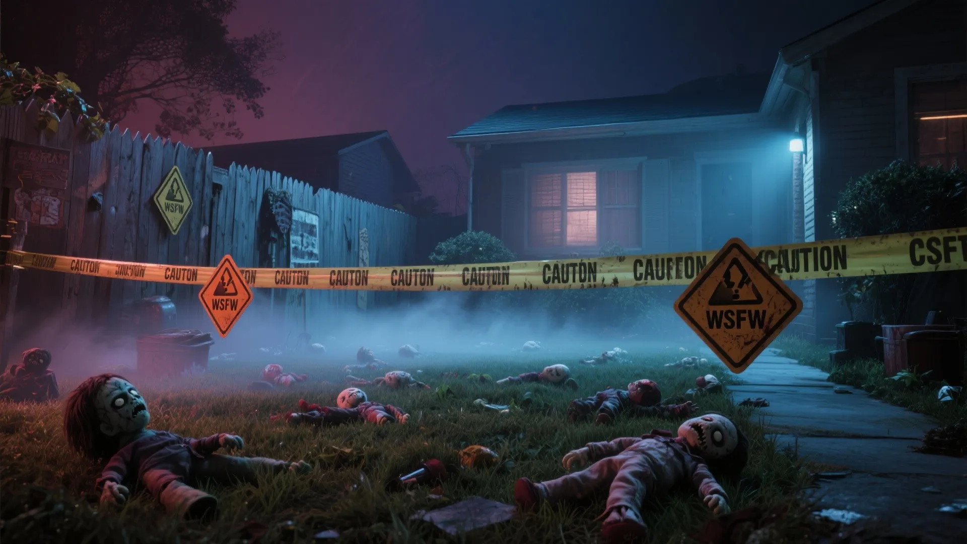 Yard cordoned off with caution tape, zombie dolls, and hazard signs