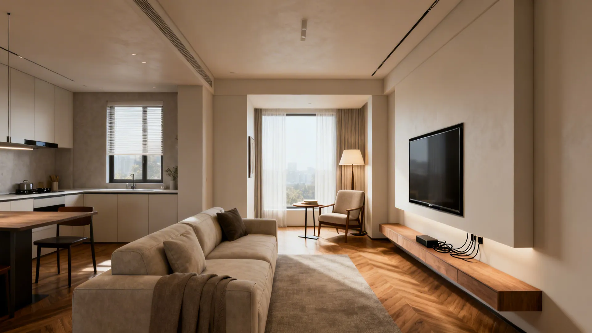 Zonal layout with a slim floating TV wall separating lounge, reading nook, and dining spot