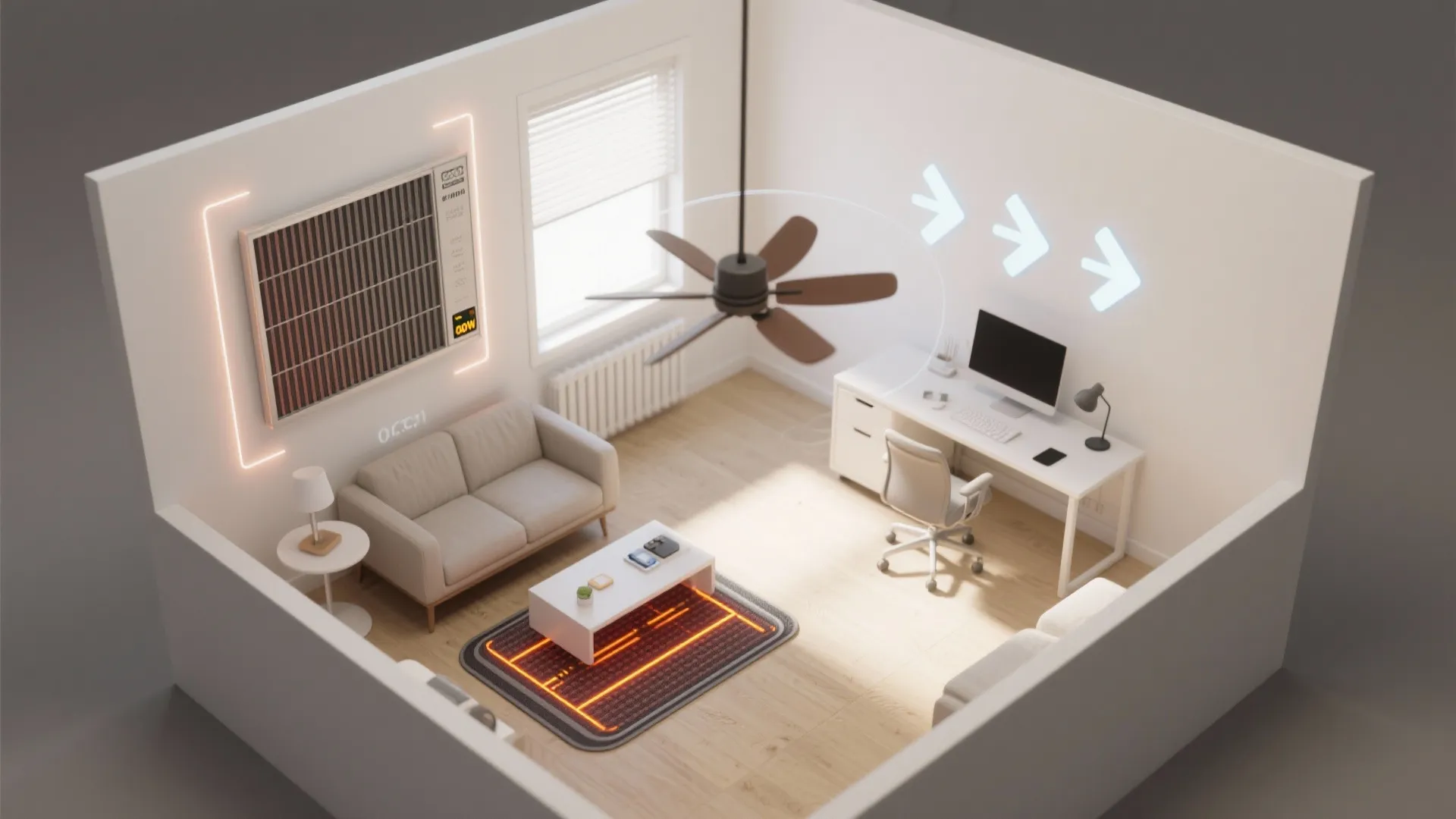 Top-down small room plan showing primary panel by seating and task heat at the desk.