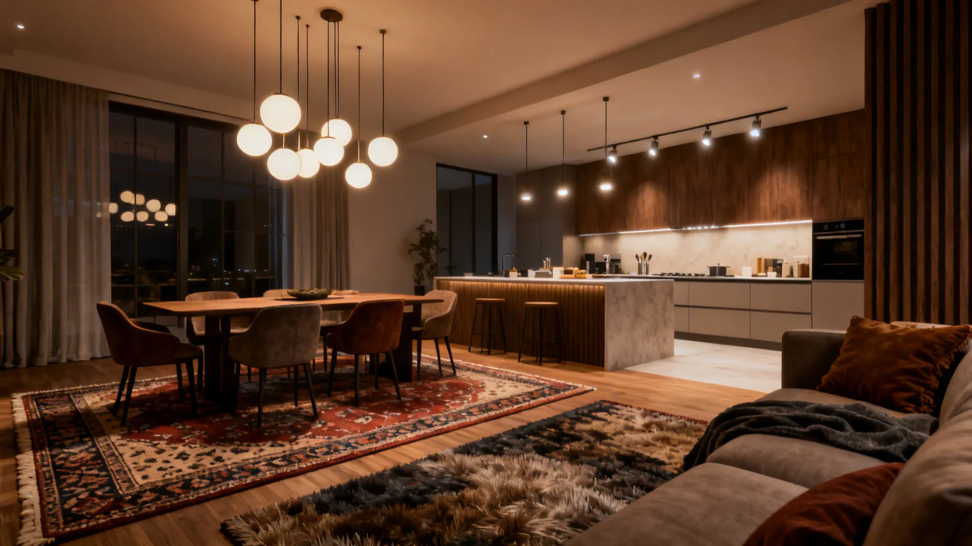 Layered zonal lighting and area rugs defining kitchen, dining, and lounge zones in an open plan