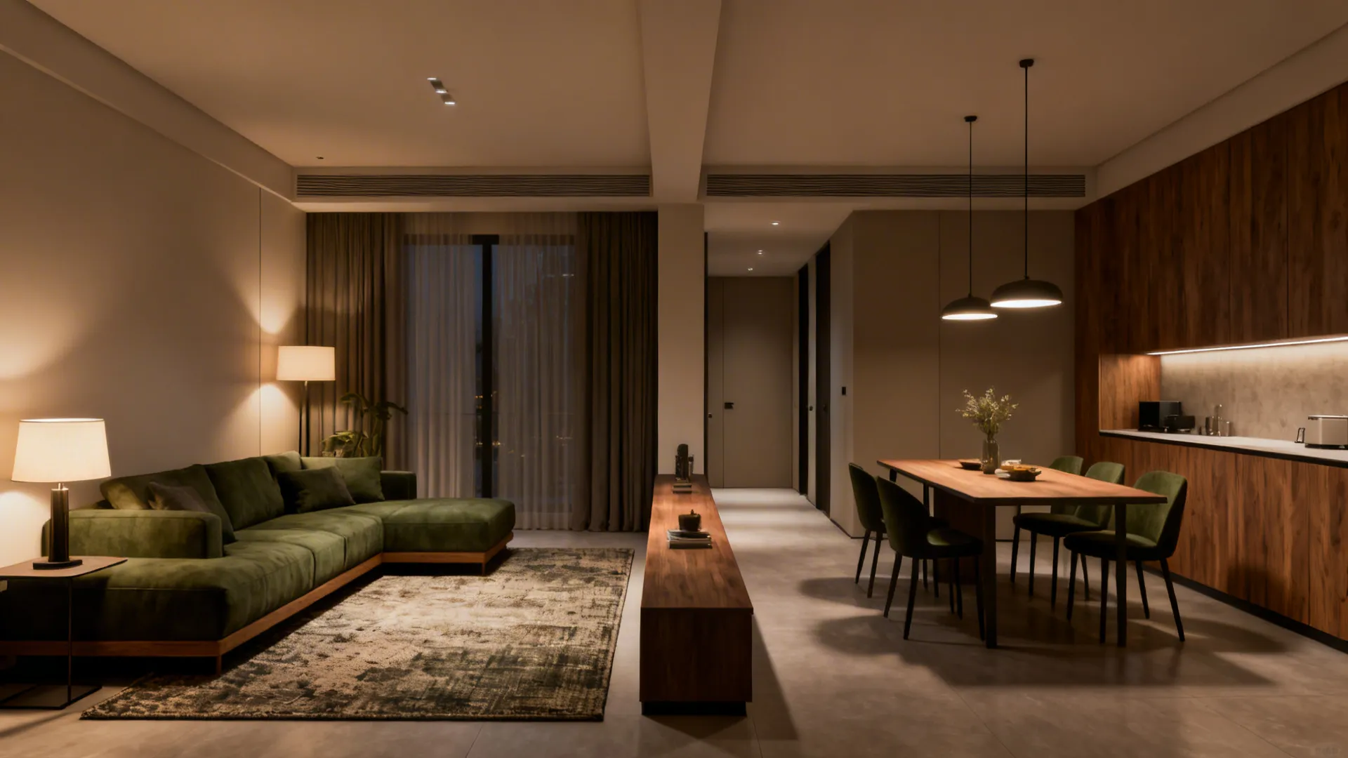 Open plan interior with green sofa wooden dining table black chairs and kitchen with cabinets