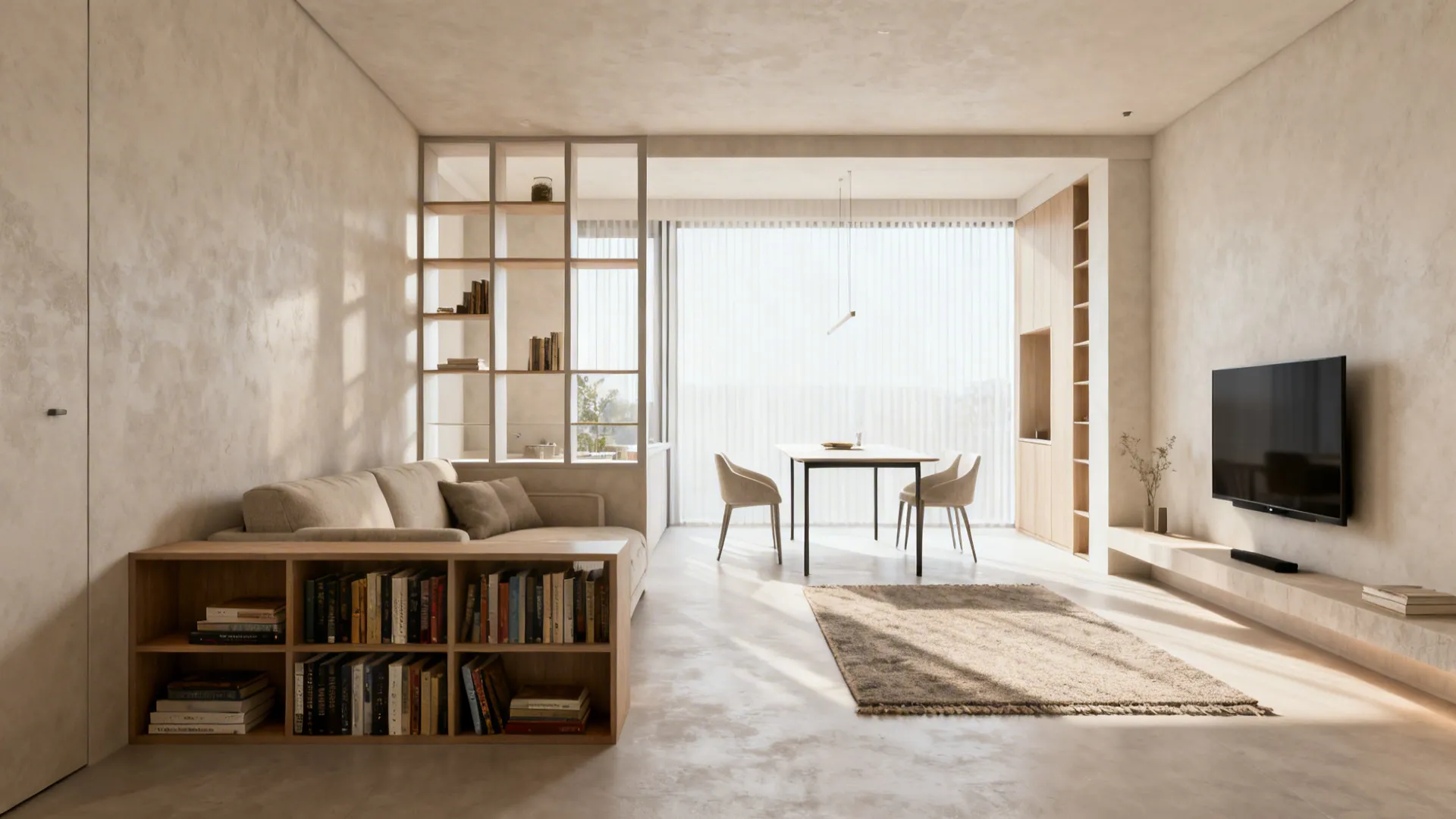 Open small living room showing defined zones by rug and a low bookshelf divider for airy separation.