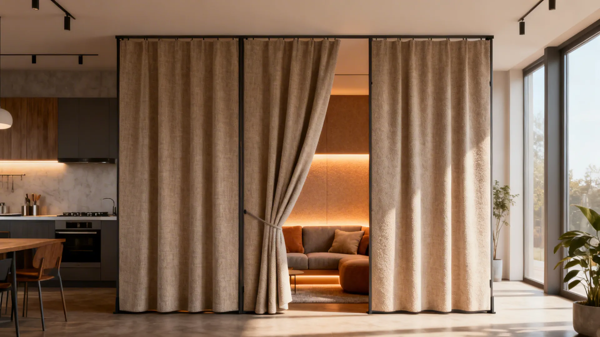 Three-panel curtain set used as a room divider in an open-plan studio separating living nook from kitchenette.