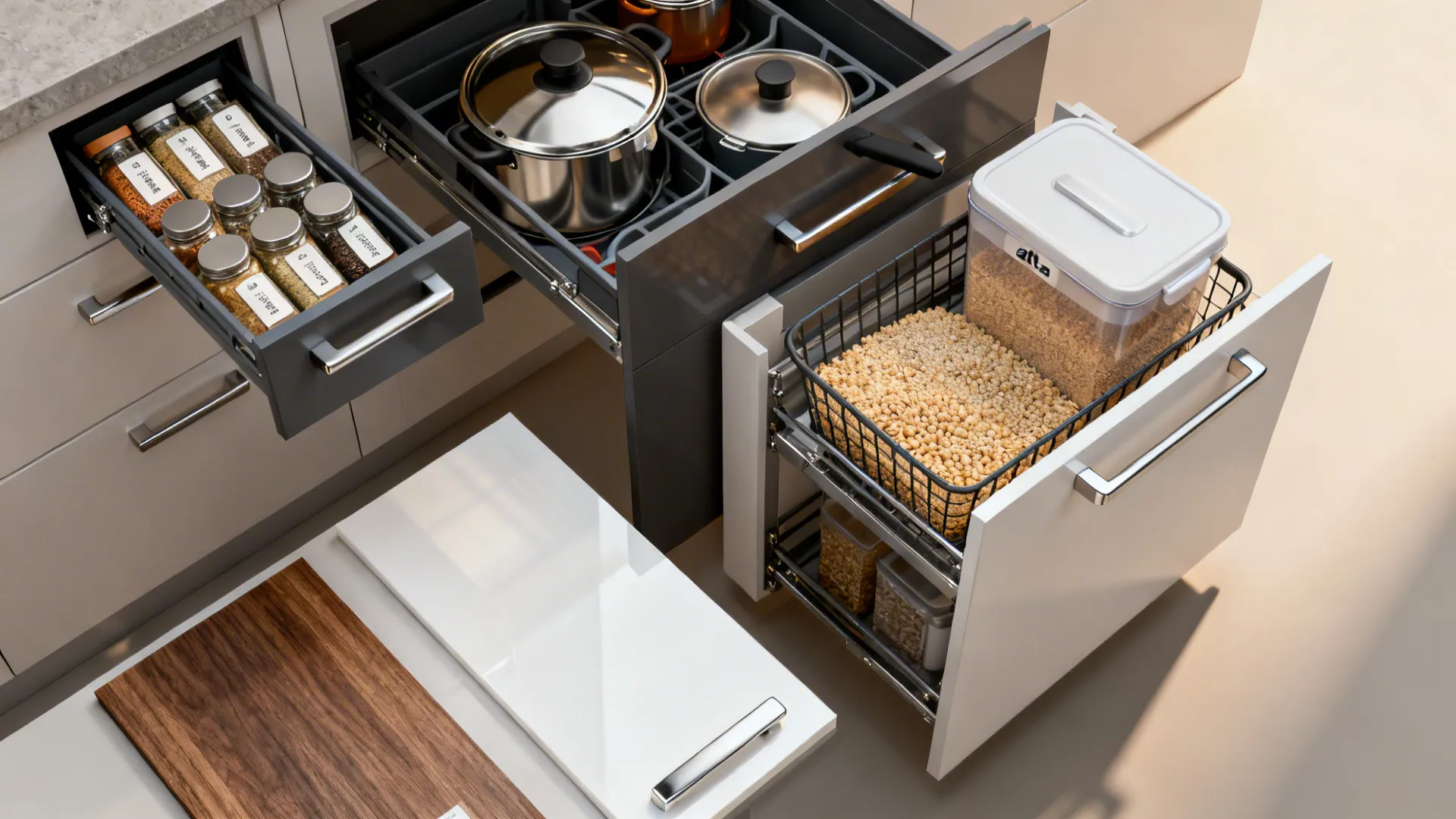 Open kitchen drawers showing organized spice jars pots and food storage containers in a basket