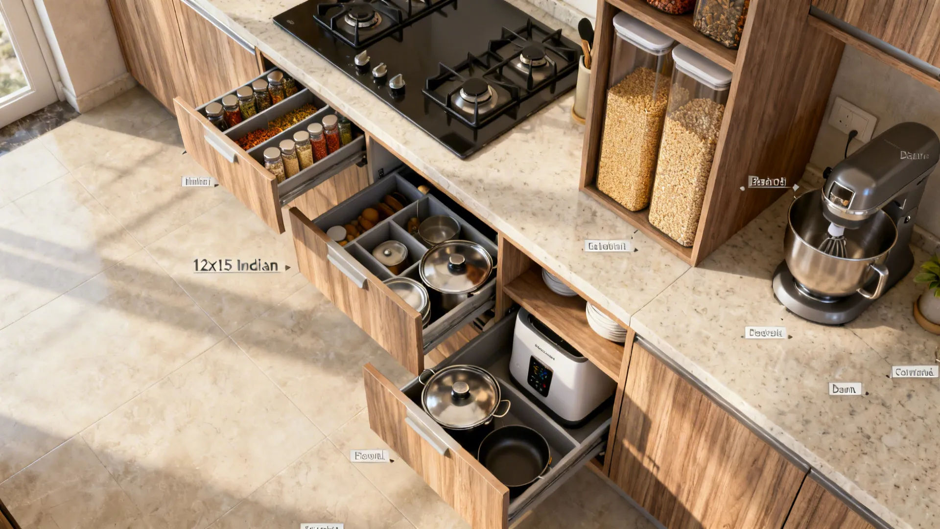Open wood kitchen drawers with spice jars pots pans toaster and silver stand food mixer