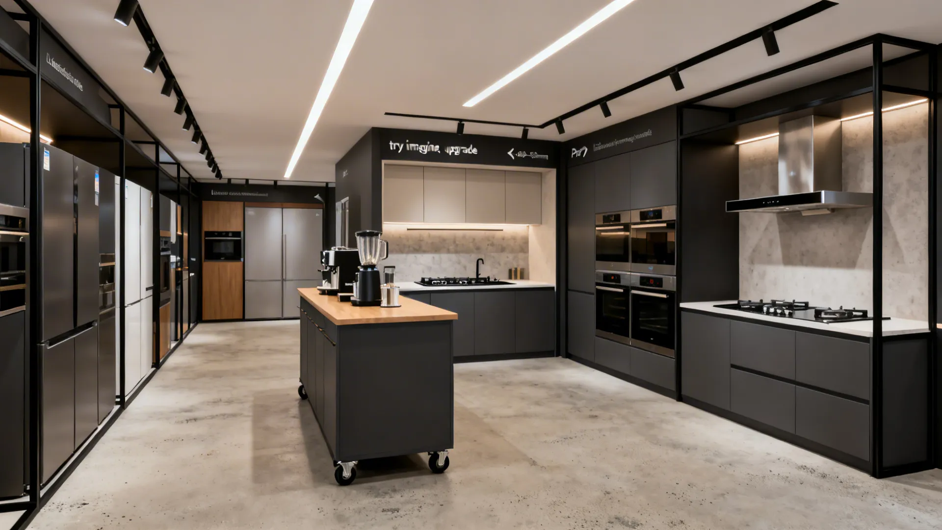 Modern kitchen showroom featuring dark grey cabinets kitchen island ceiling lights and built in kitchen appliances