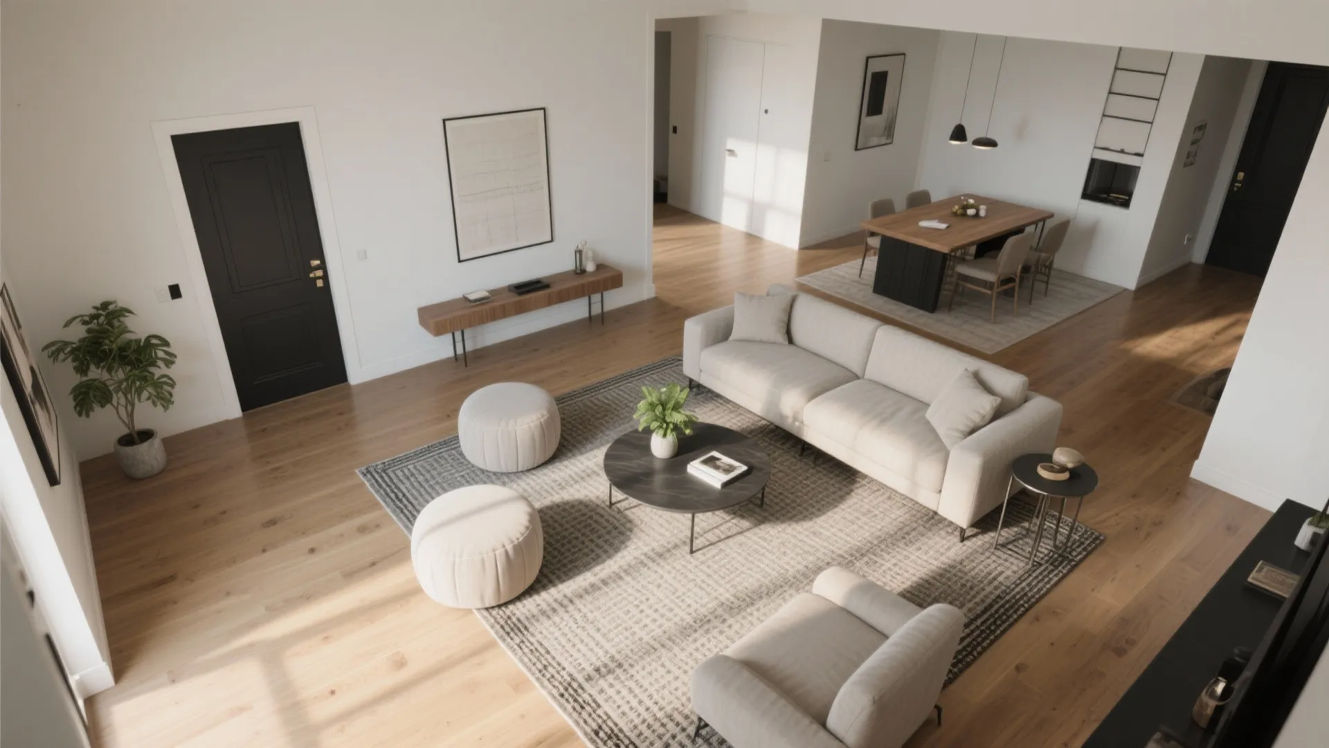 Open plan living room and dining area with sofa coffee table rug and wood floor