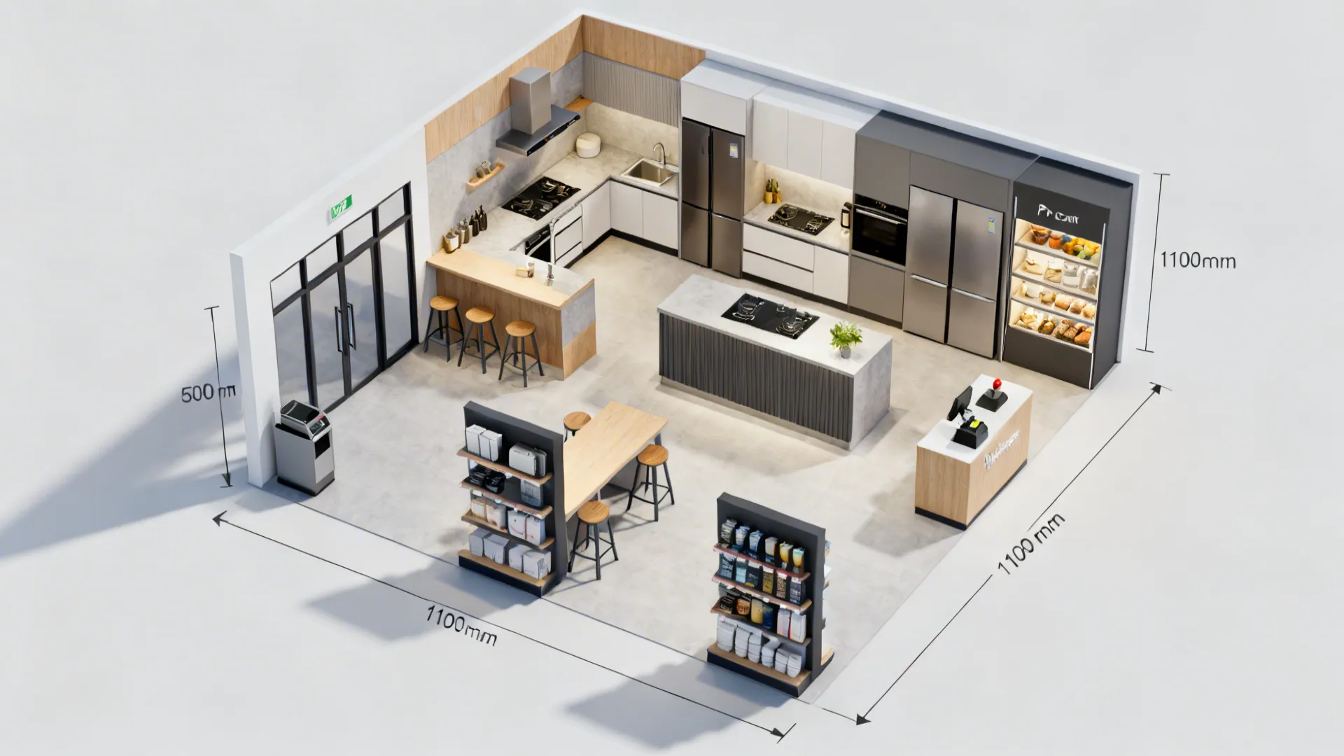 Interior design drawing of a modern shop layout with kitchen cabinets refrigerators and display shelves