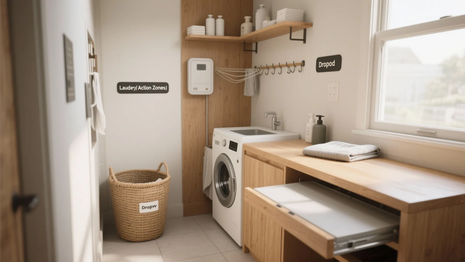 Laundry room layout with white washing machine and wood cabinet showing open pull out drawer