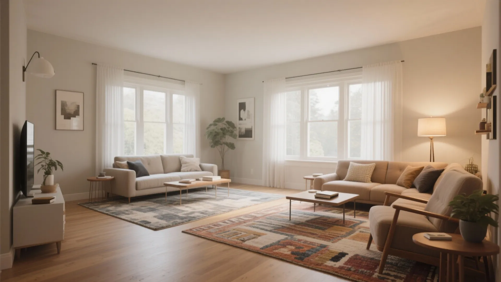 Spacious living room featuring two seating areas with neutral sofas and large colorful patterned rugs
