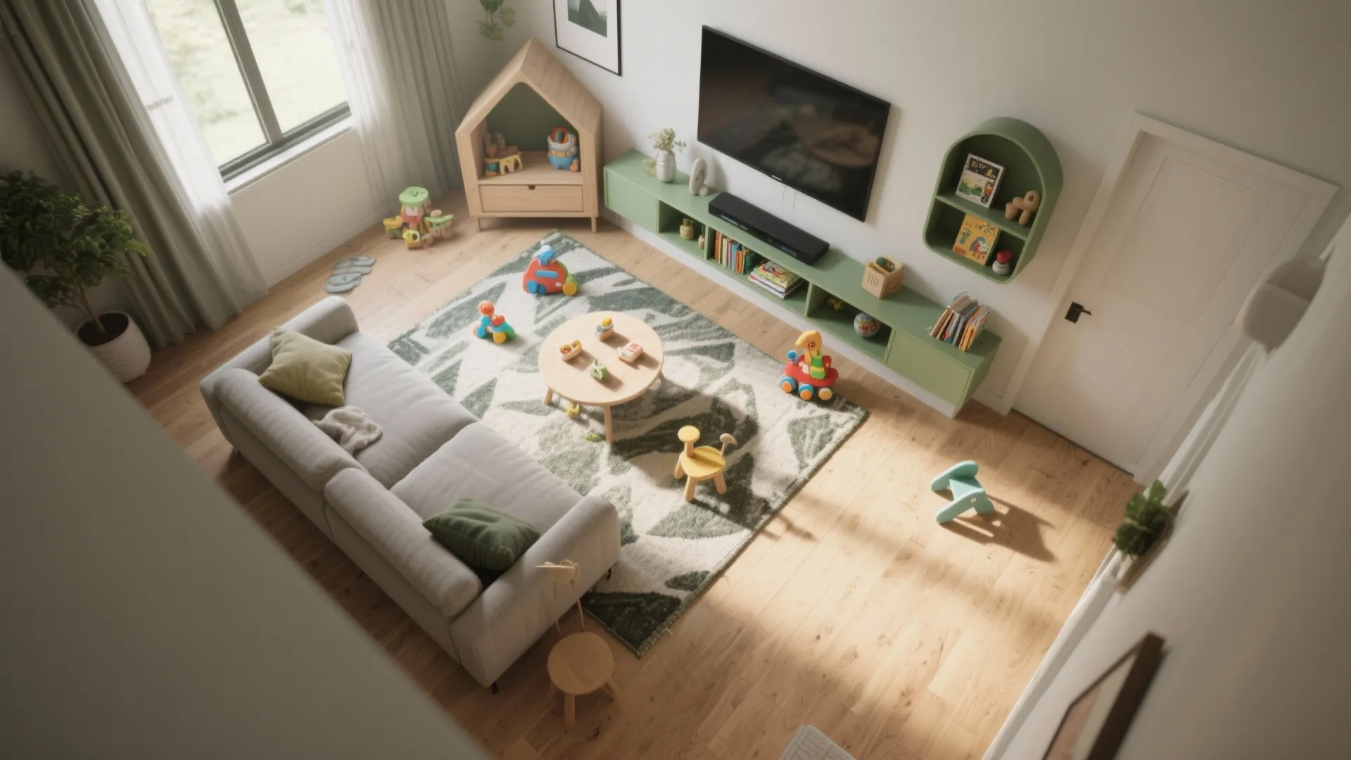 High angle view of a living room with green cabinet grey sofa and colorful toys