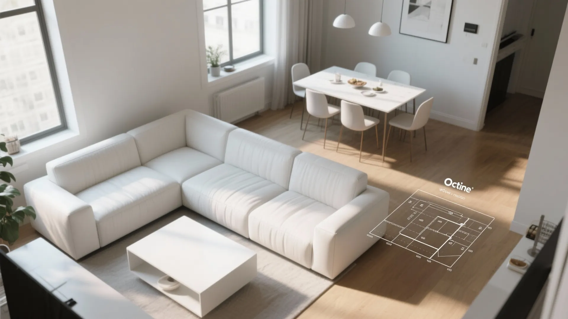 Modern open plan living room and dining area with white sofa and floor plan overlay