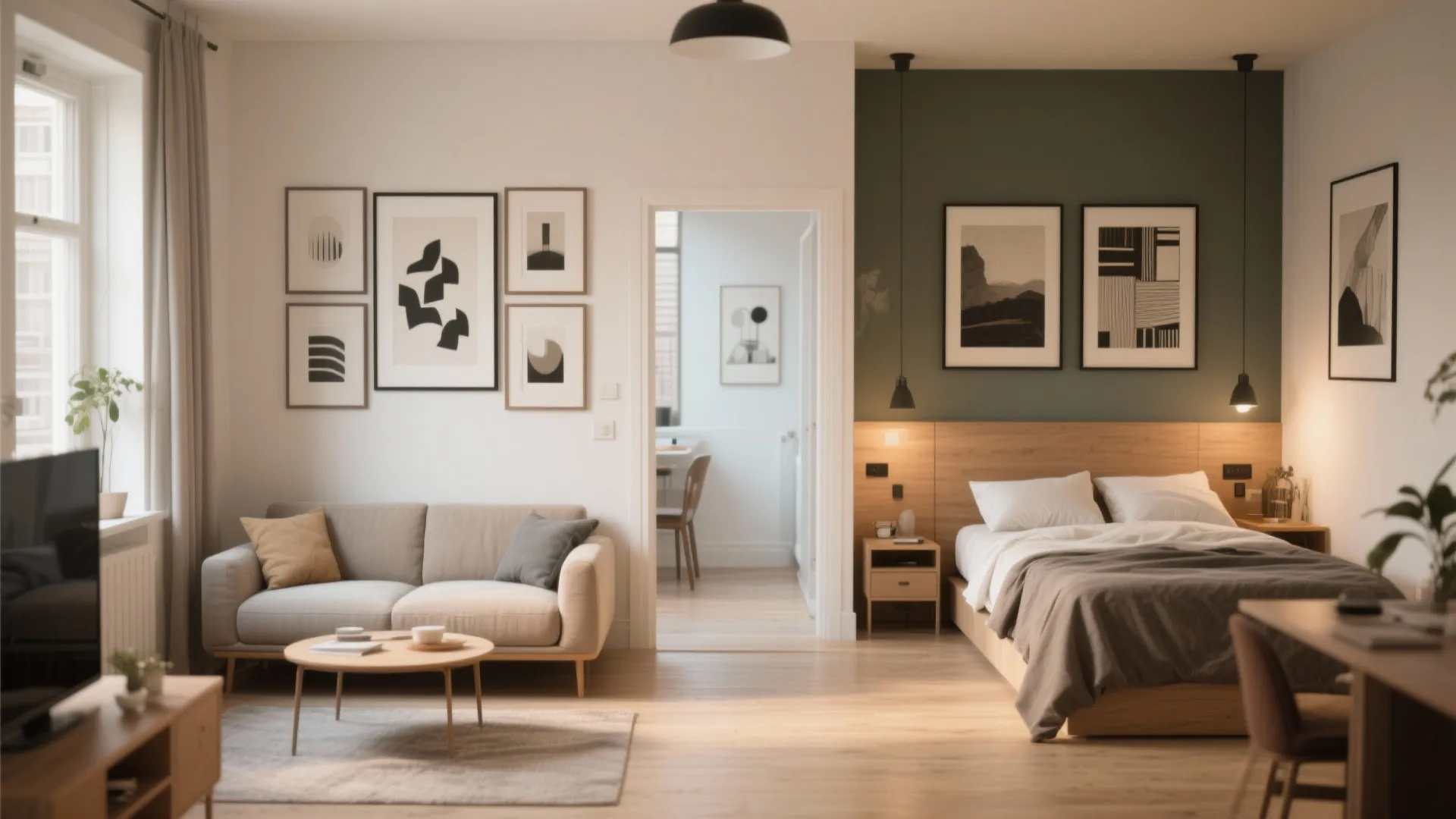 Modern studio apartment layout showing living area with beige sofa and bedroom with green wall