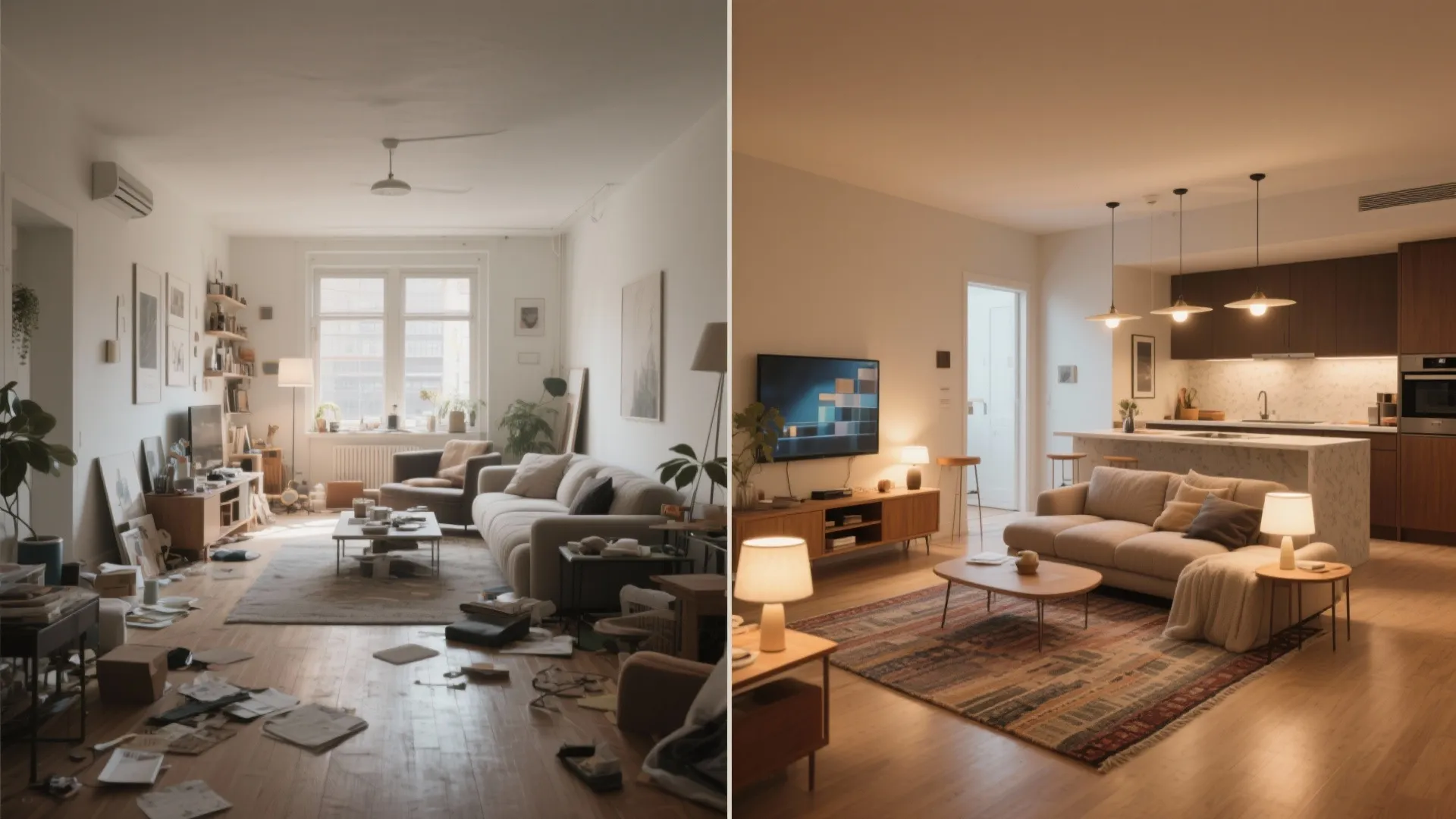 Before and after comparison of a messy living room vs a clean modern apartment layout