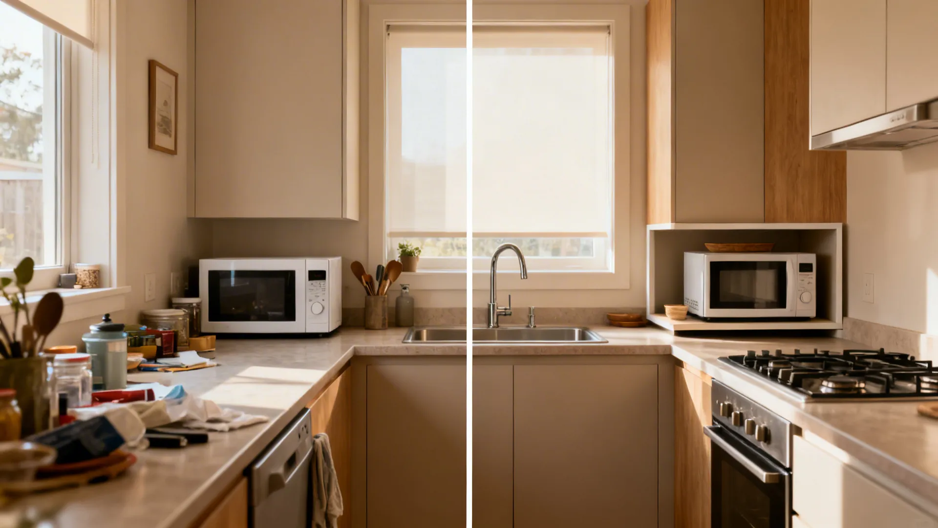 Before-and-after of an L-shaped kitchen showing a cleared prep run after relocating the microwave.