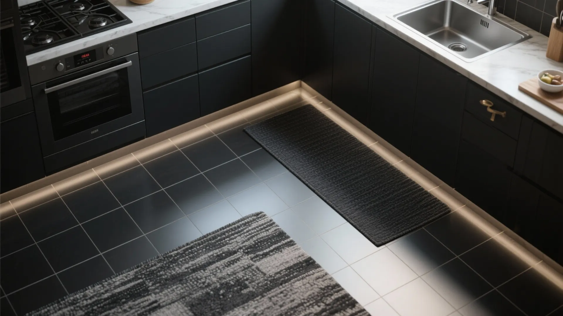 Top-down view of black floor with light tile border and charcoal runner defining kitchen zones.