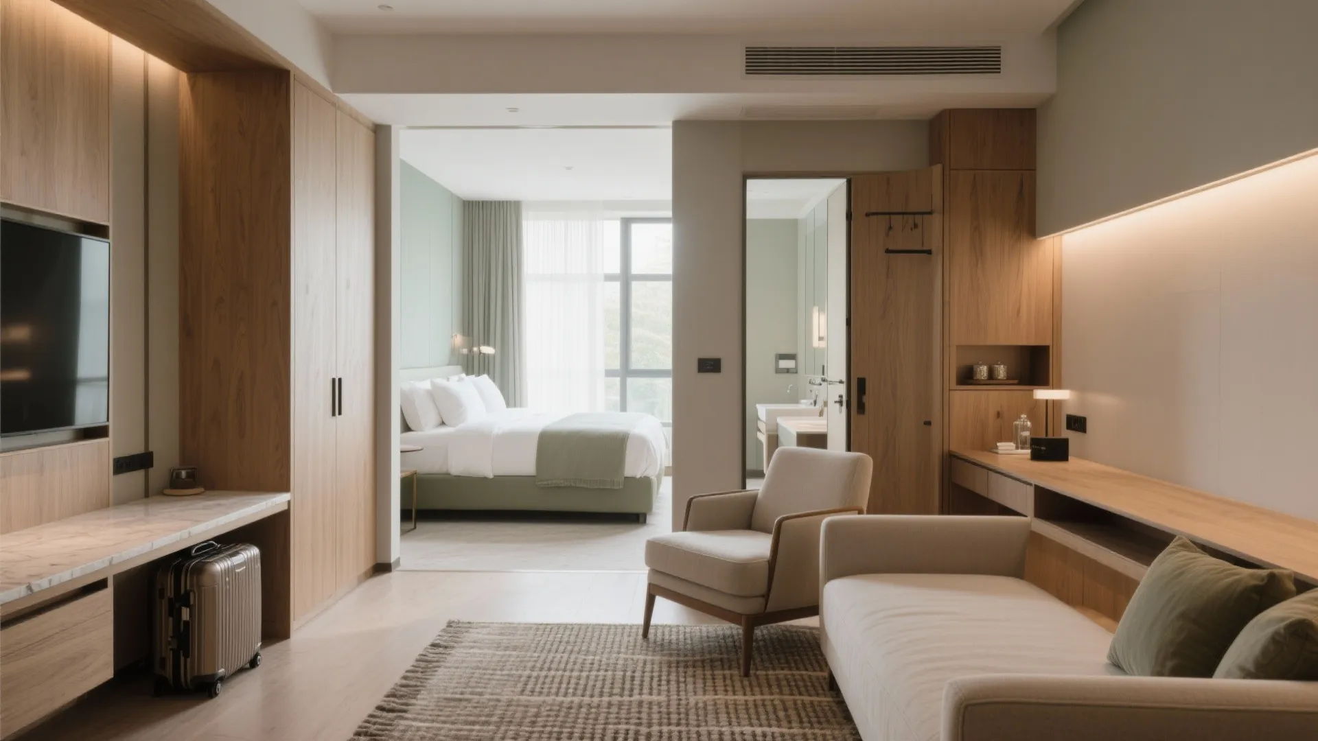 Modern hotel room suite with wooden cabinets living area armchair and bedroom view in the background