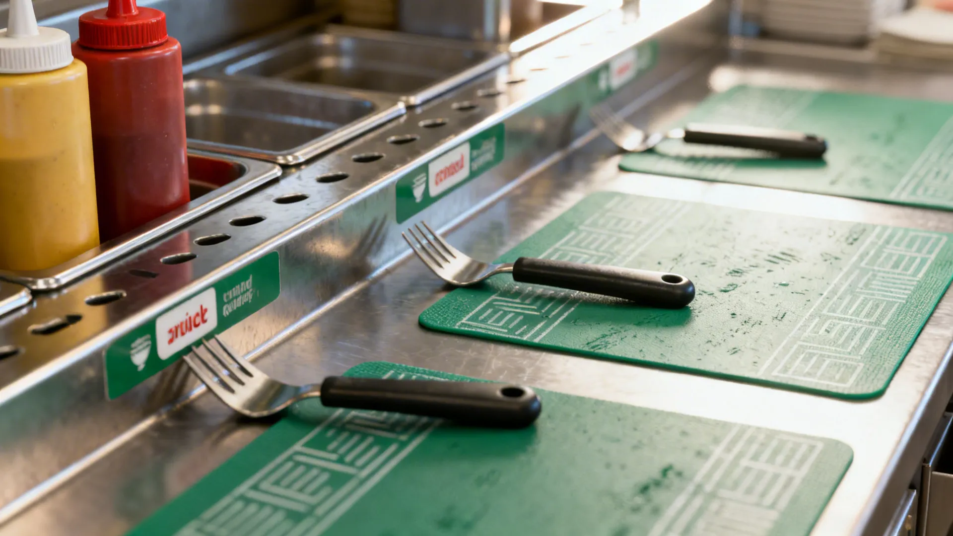 Macro of color-coded utensils and modular condiment rails on a stainless assembly counter.