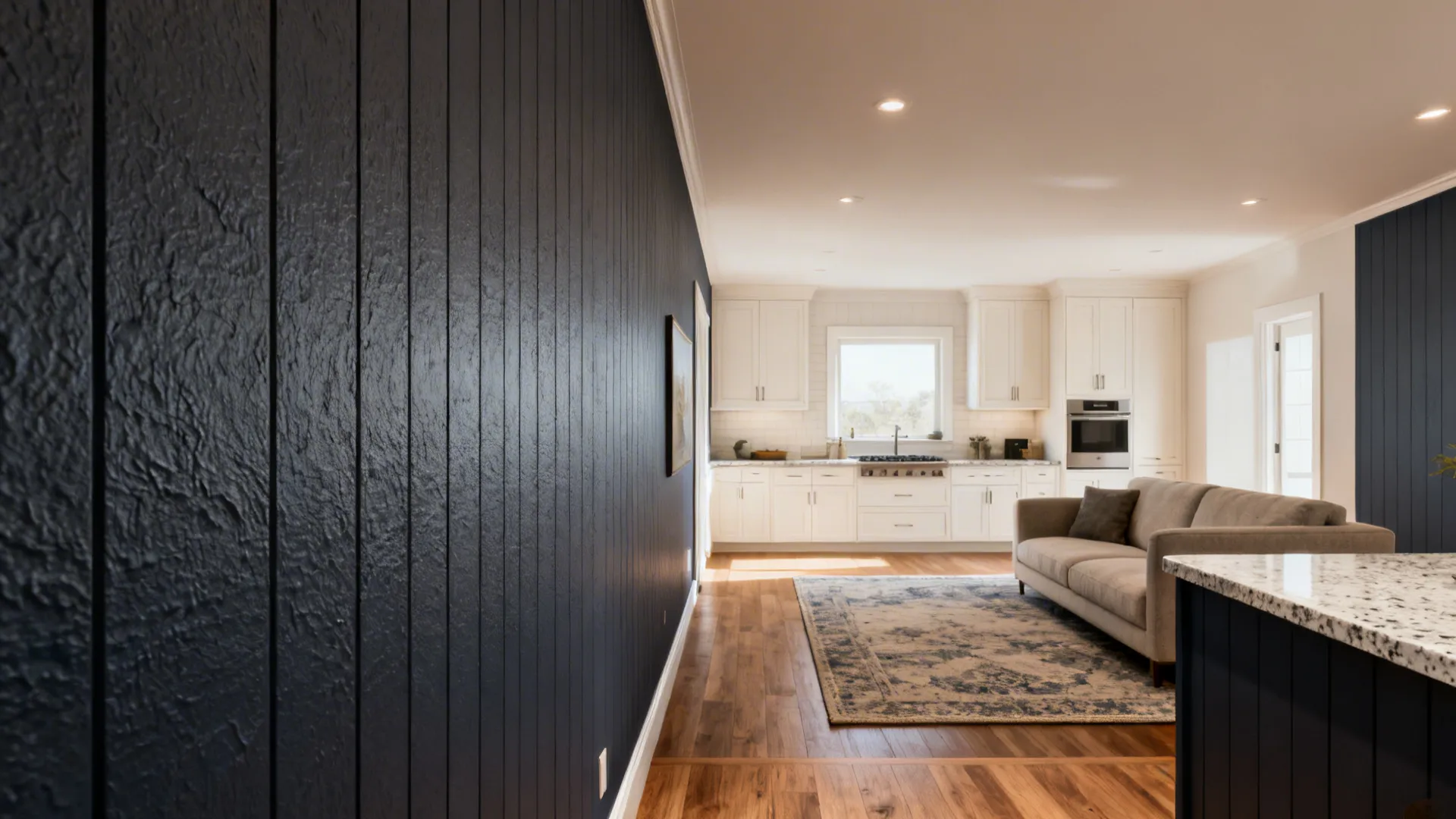 Living area with deep textured accent wall and adjacent bright kitchen separated by color and texture.