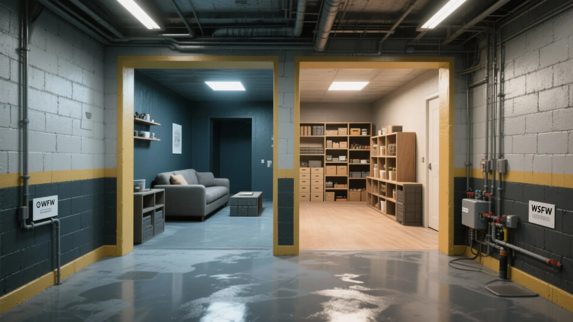 Open basement showing high-contrast trim and distinct functional zones with epoxy lower blocks and painted storage area.