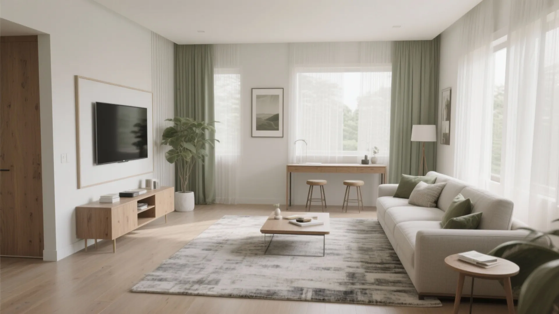 Modern living room featuring a long white sofa green curtains and a wall mounted television