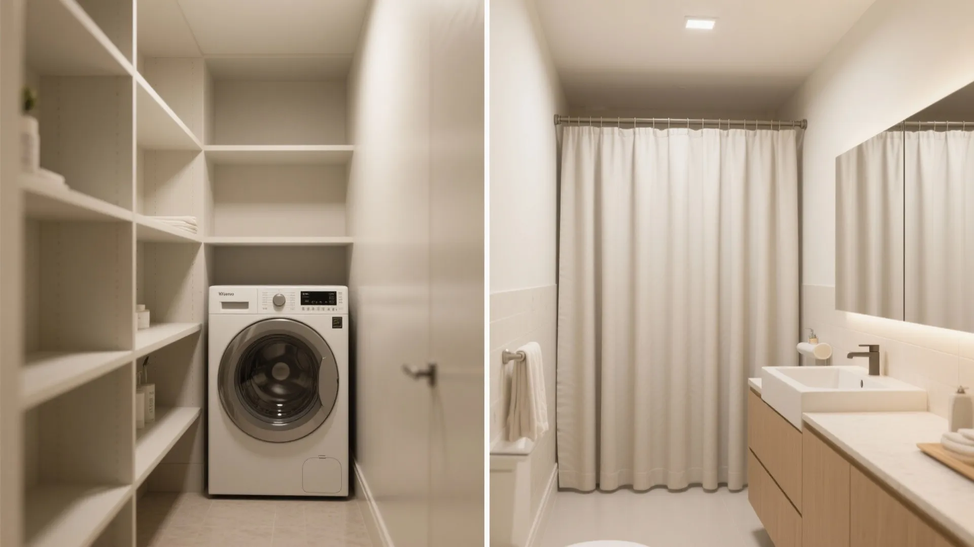 Before-and-after view showing storage hidden by a slim curtain panel on a ceiling track
