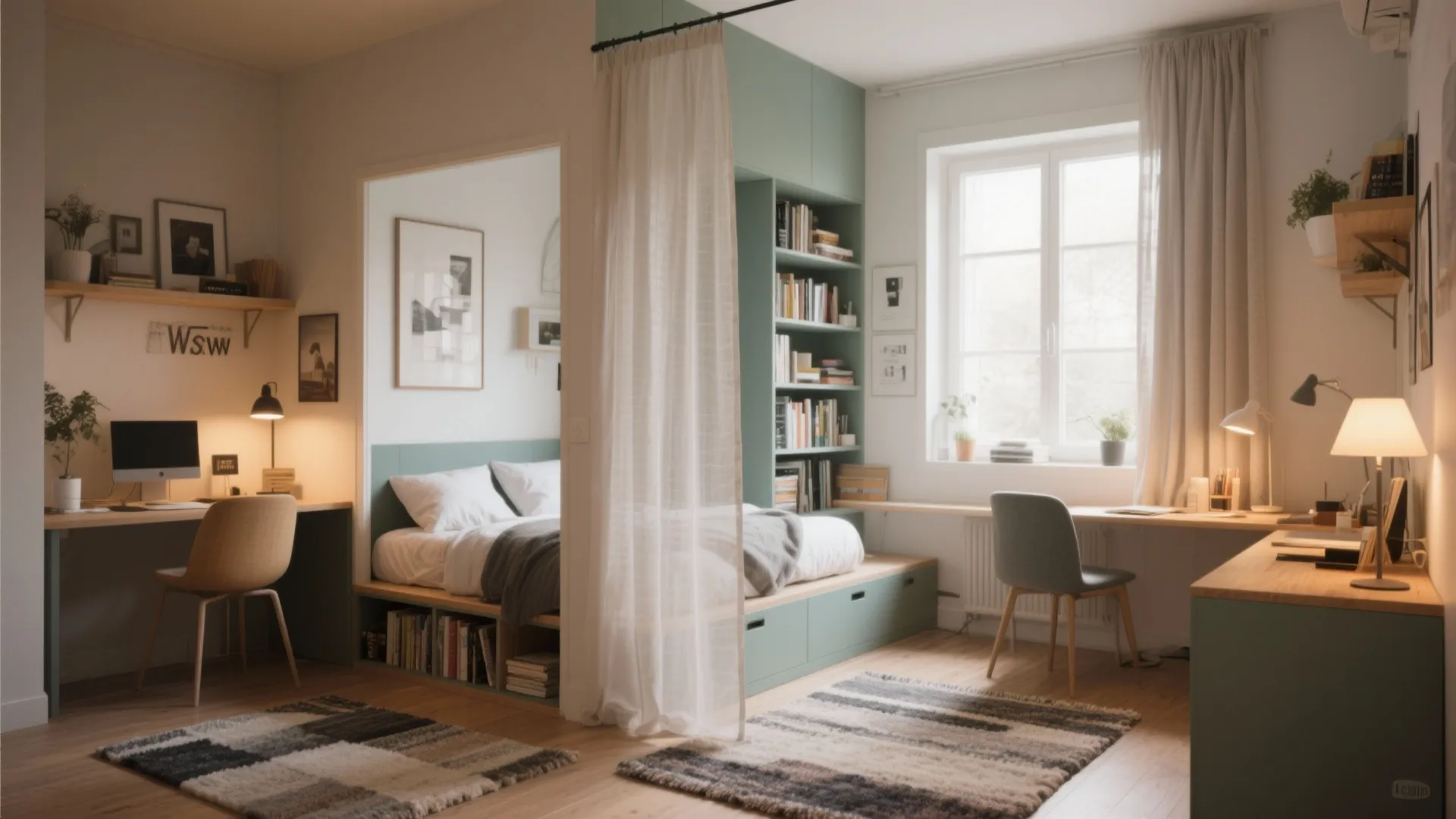 2. Zone with curtains, rugs, and low shelving
