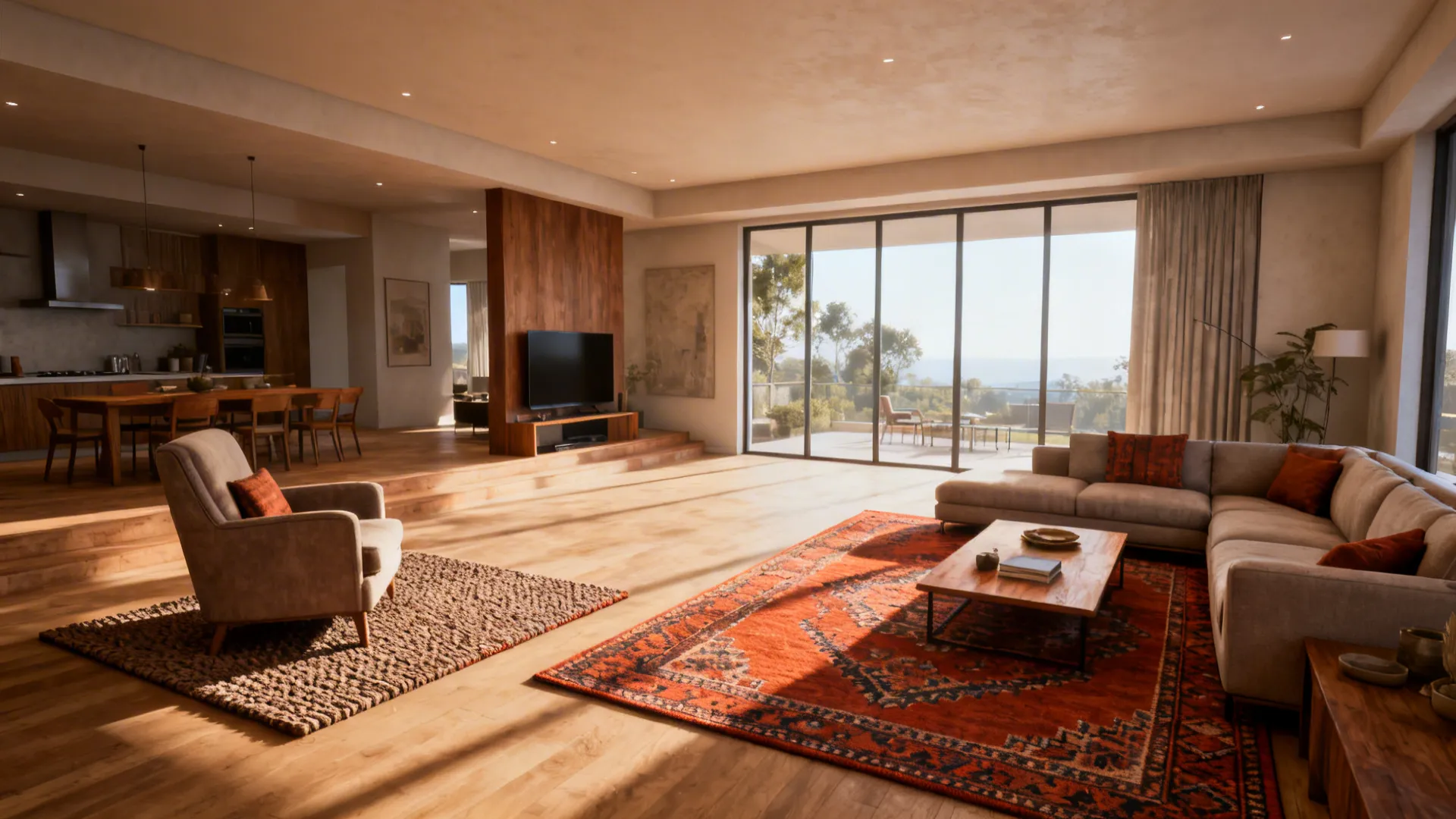 Open-plan living room with two rugs defining a reading nook and a media seating area.