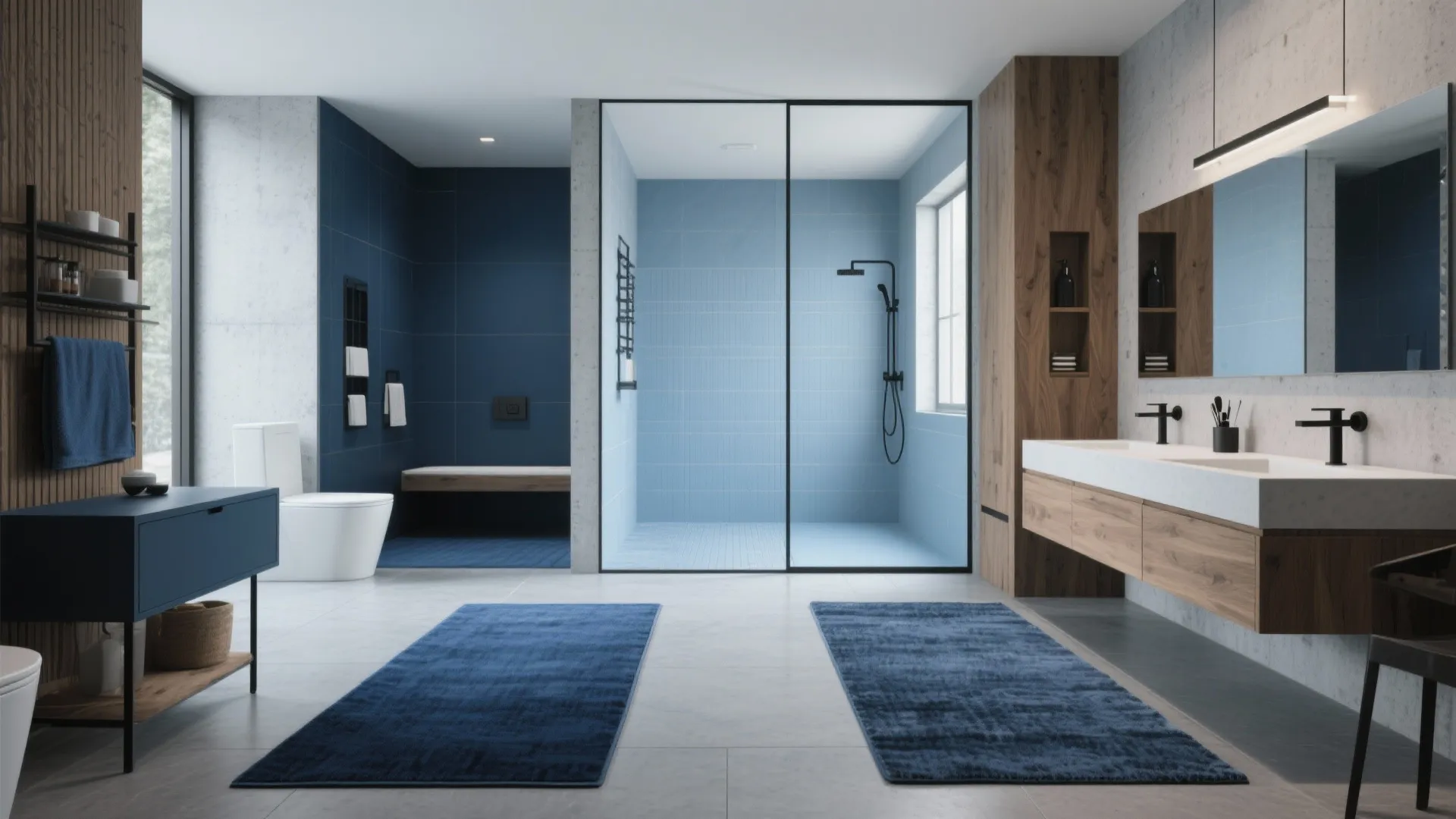 5. Use blue to define zones in an open-plan bath