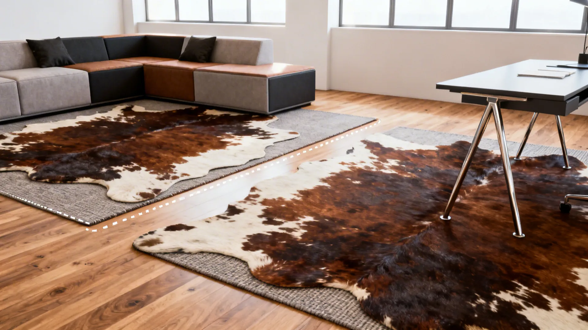 Open-plan studio using overlapping cowhide rugs to define lounge and study areas.