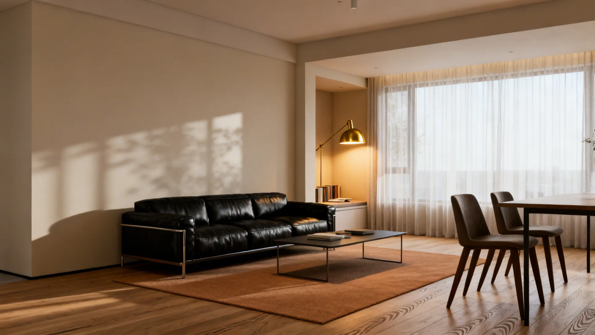 Open-plan living area with black leather sofa defined by rug and directional lighting