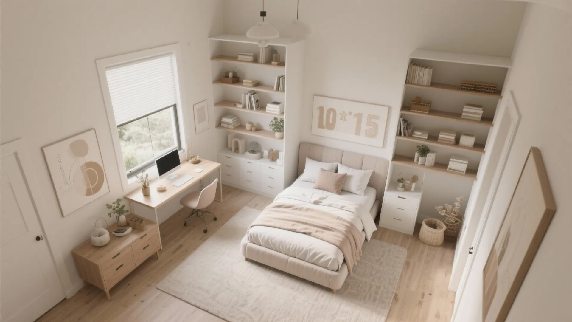 Top down view of a cream bedroom showing the bed desk bookshelves and room layout
