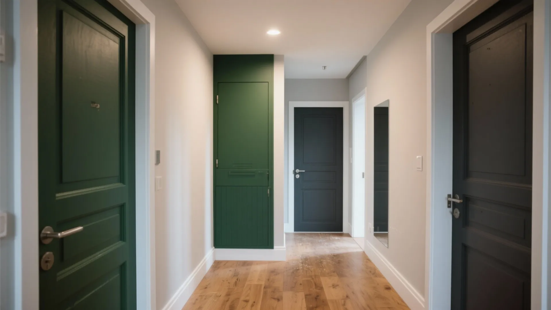 Modern hallway with light grey walls wooden floor and multiple green and dark blue doors