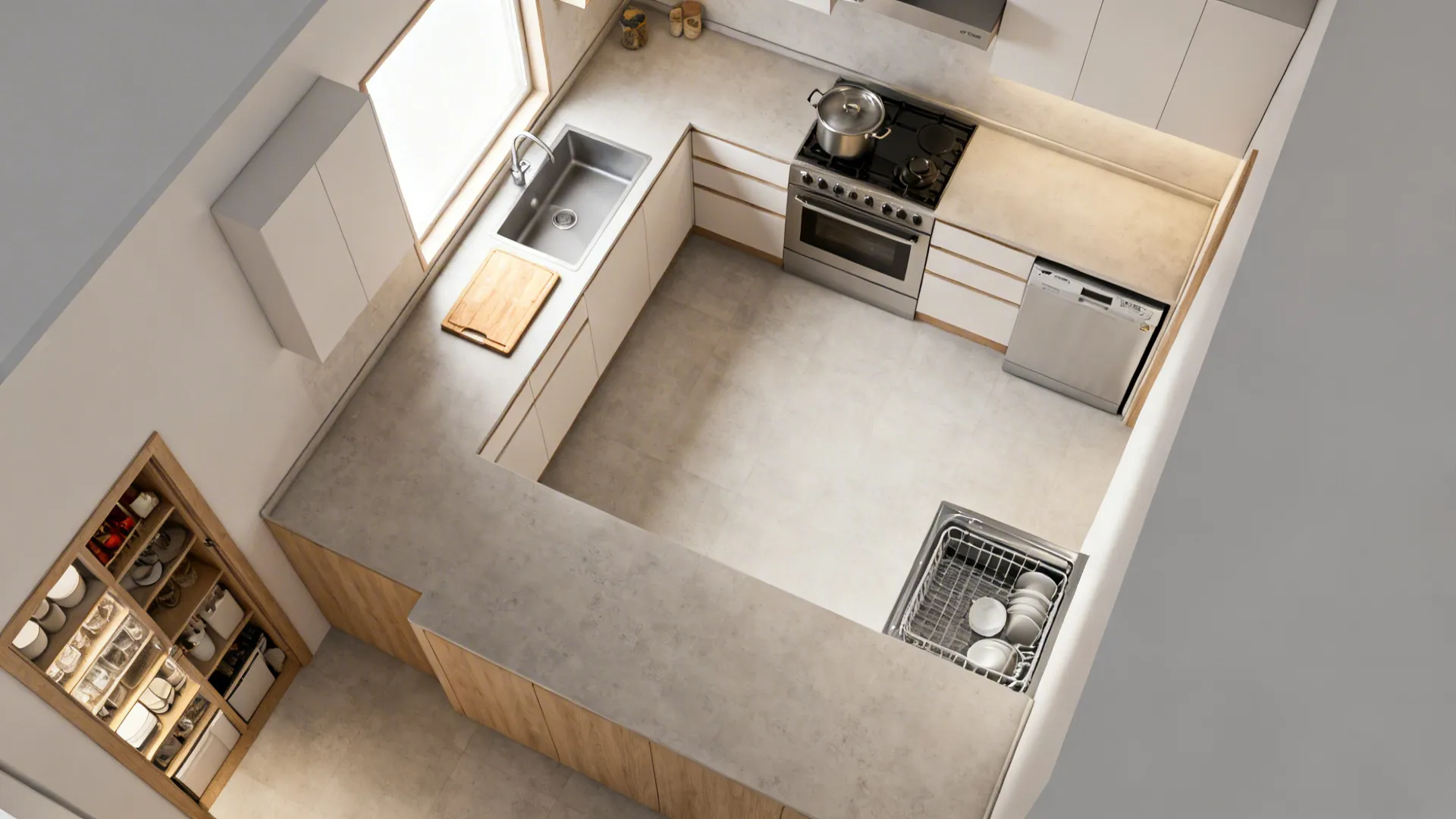 Top-down small kitchen plan illustrating prep, cook, and clean zones in an L layout.