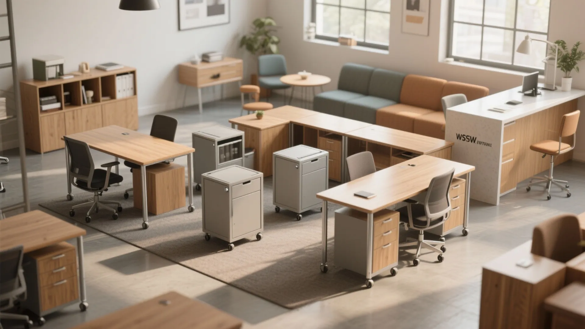 Modern office room layout with wooden desks grey rolling cabinets colorful sofa and large windows
