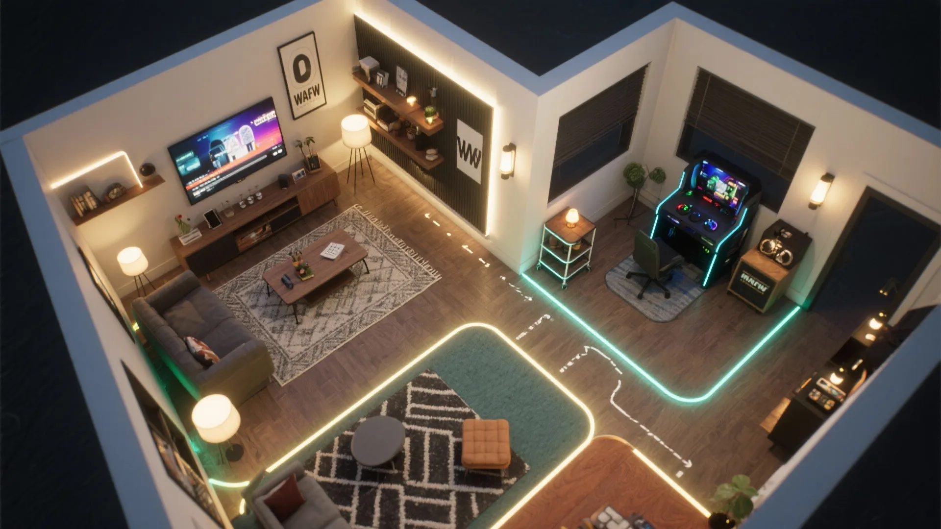 3. Zone with rugs and layered lighting