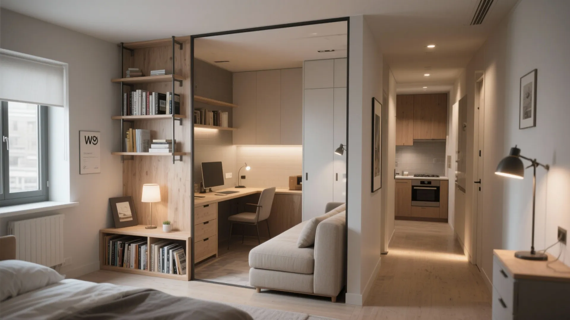 Compact apartment room layout with wooden bookshelves integrated desk area beige sofa and hallway view