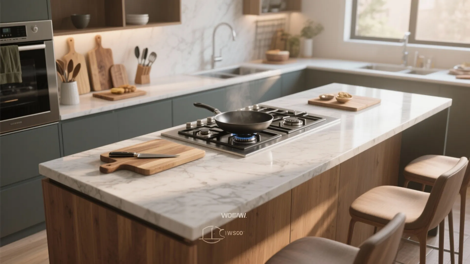 Island with cooktop and adjacent prep zone separated by a shallow raised bar for safety.