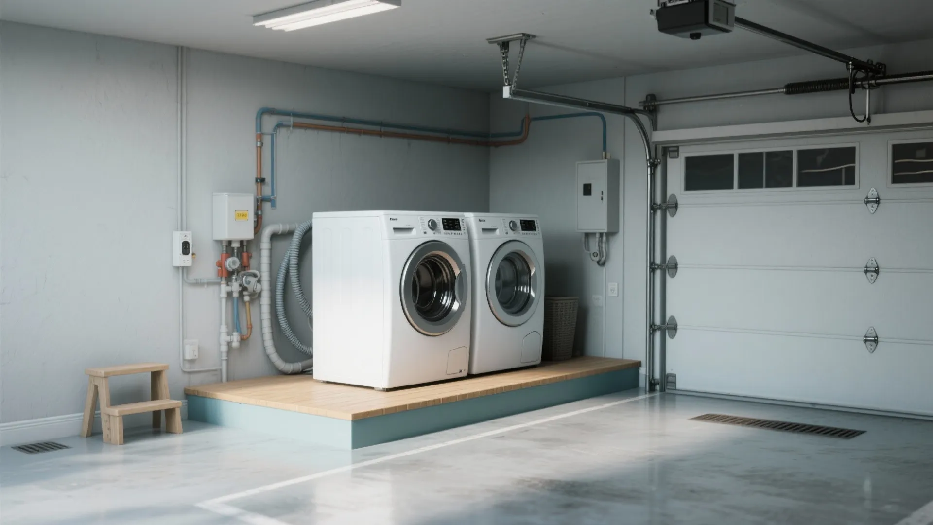 Garage laundry area featuring two white washing machines on wooden platform next to large garage door