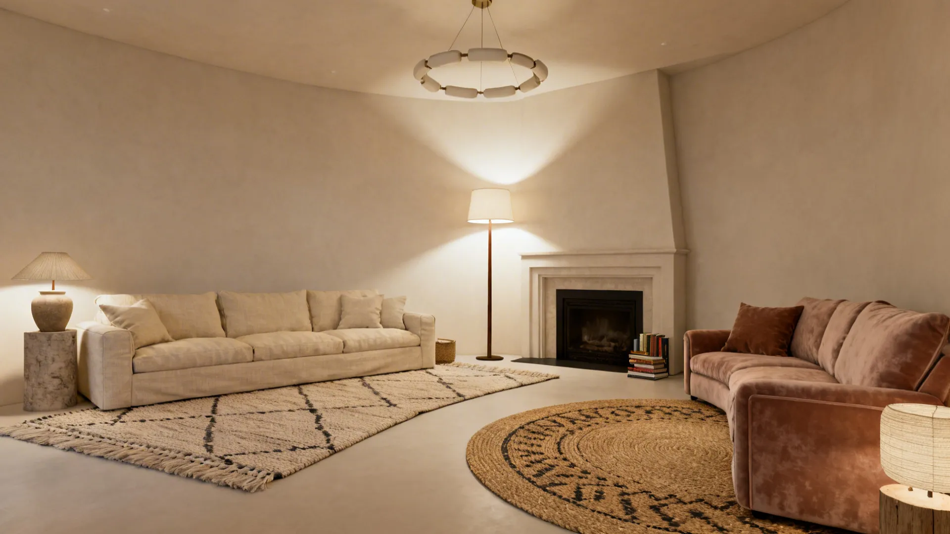 Living room featuring layered rugs with beige sofa pink sofa fireplace floor lamp and ceiling light