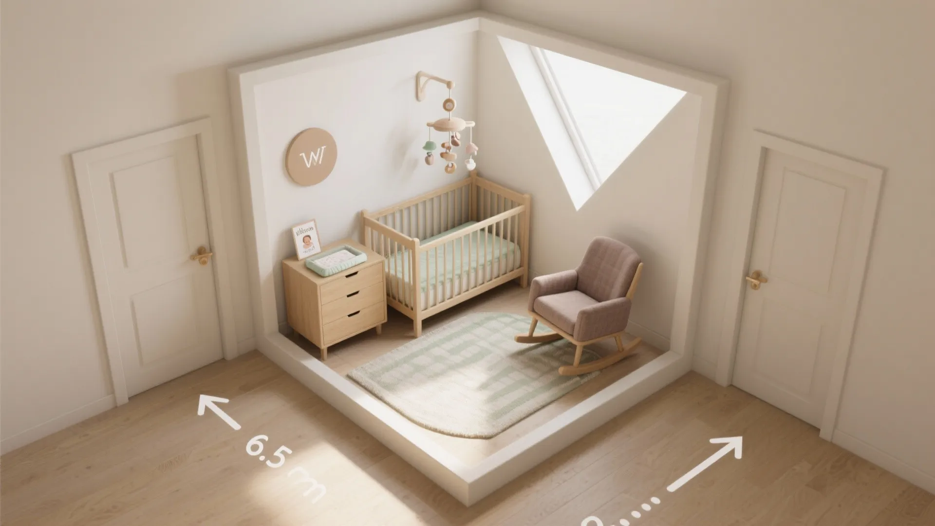 Interior design drawing of a nursery room layout with baby cot, chair, and floor measurements