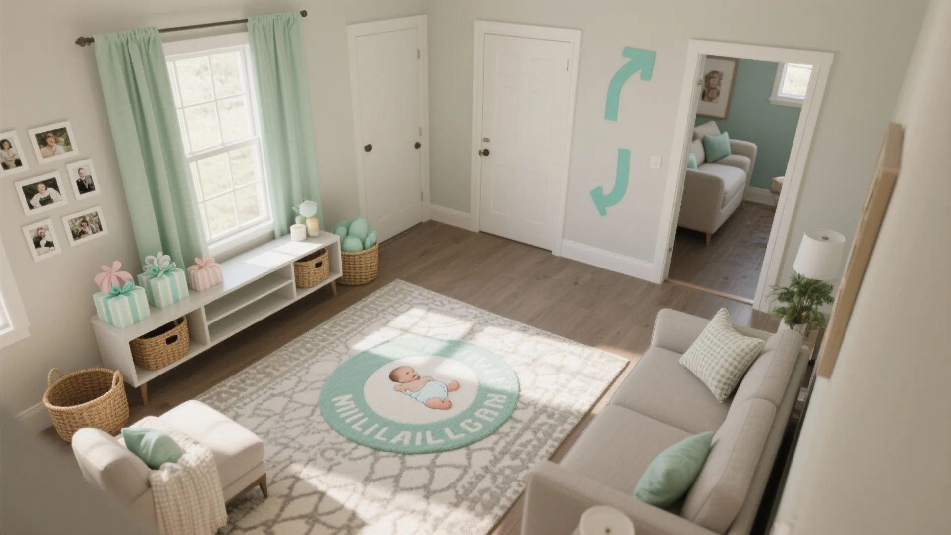 Living room zones: mingle, gifts, and photo corner