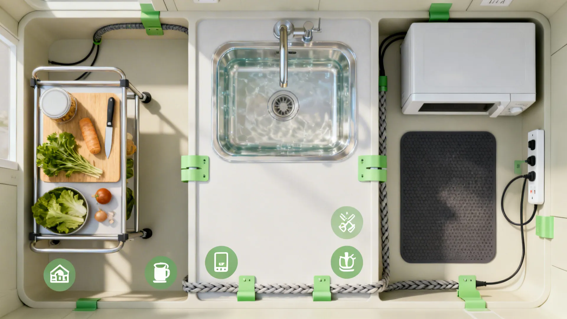 Top-down plan showing prep, wash, and appliance zones in a tiny kitchen.
