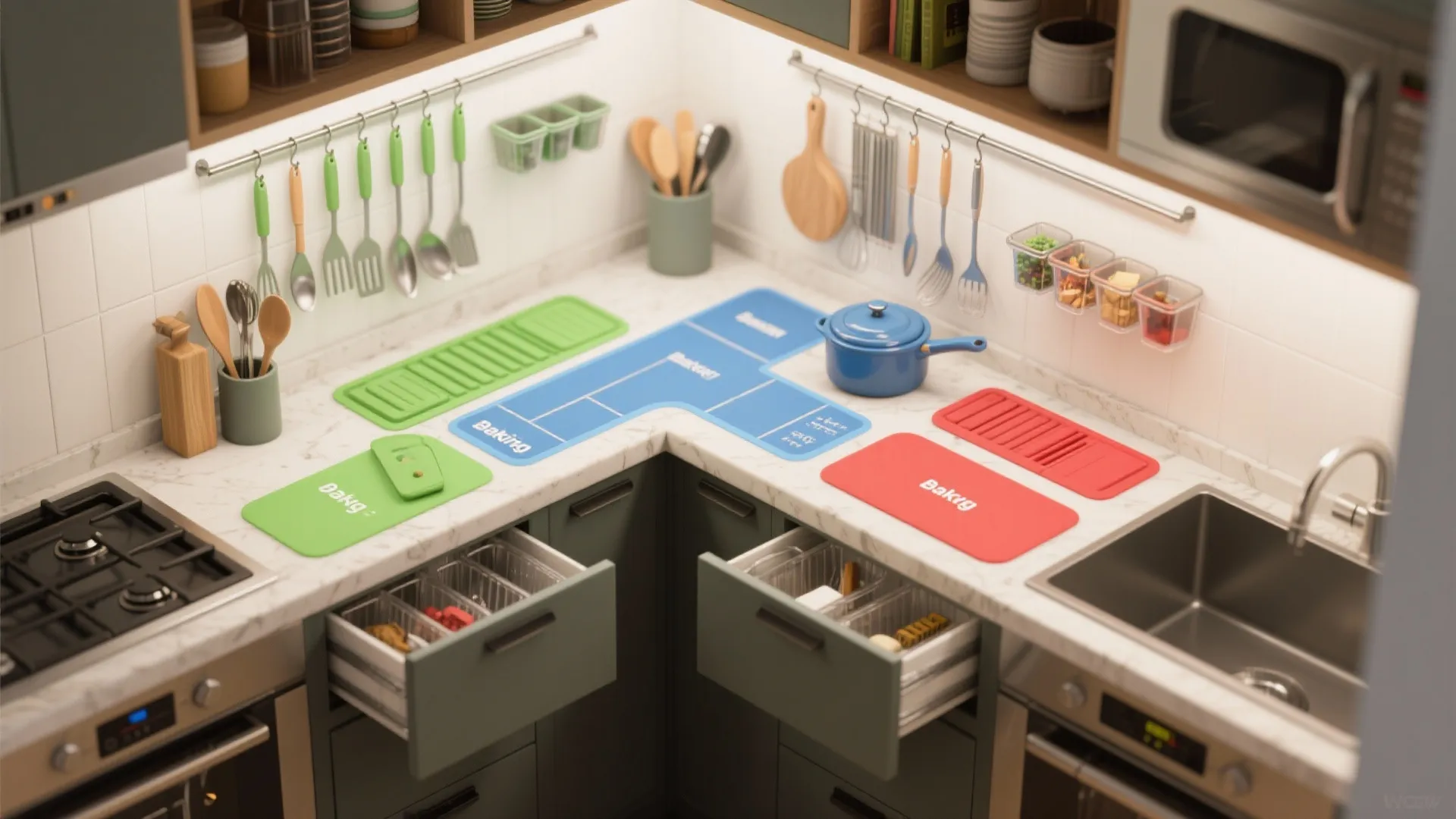 Organized kitchen corner layout showing labeled baking zones on white marble countertop with green cabinets