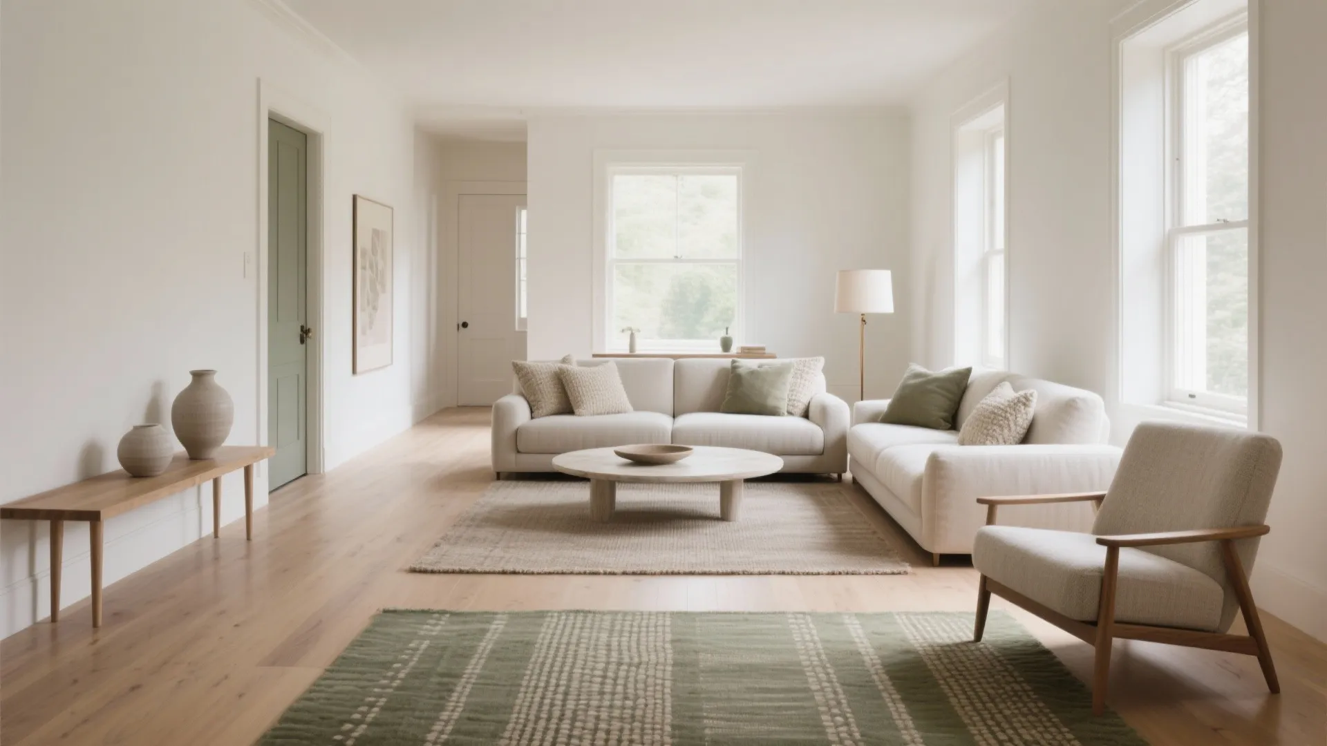Minimalist living room with white sofas, round wooden coffee table, green door, and natural sunlight through windows