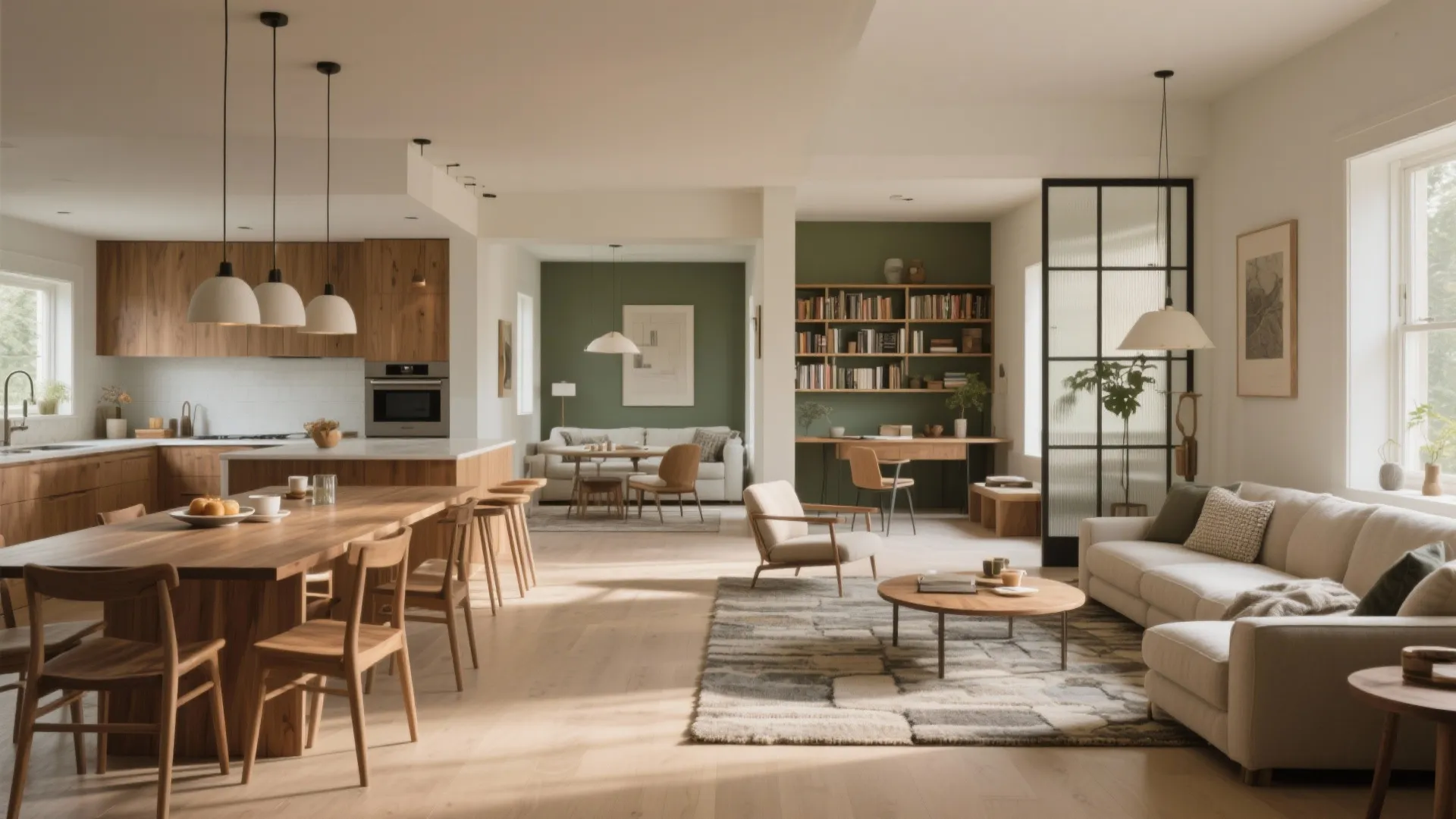 Modern open plan living room with wooden dining table white sofa green wall and bookshelf